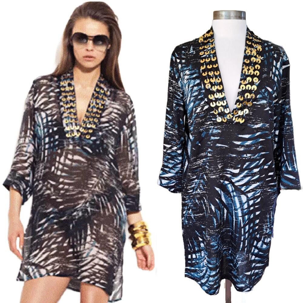 Gottex Gold Palme D'or Embellished Swim Cover Up Tunic Size Small Black Teal